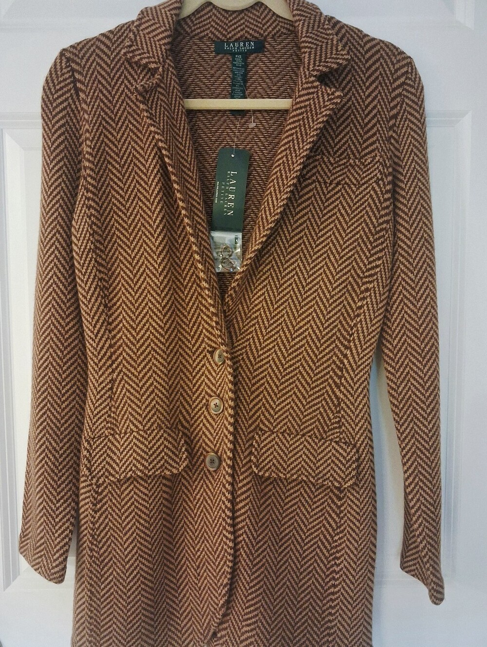 Lauren Ralph Lauren Tan & Brown Herringbone Blazer, Size PETITE
